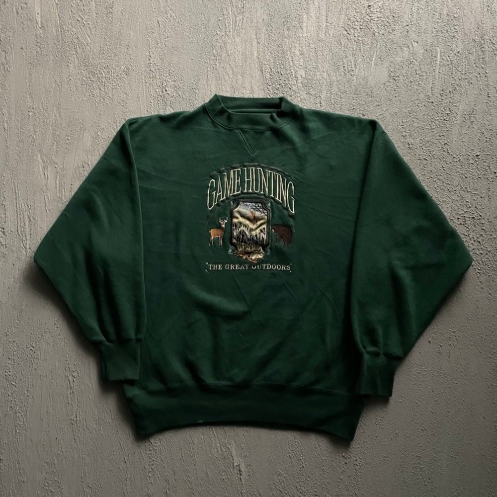 Vintage Game Hunting Sweatshirt Mens Large Green 90s Midwest Embroidery